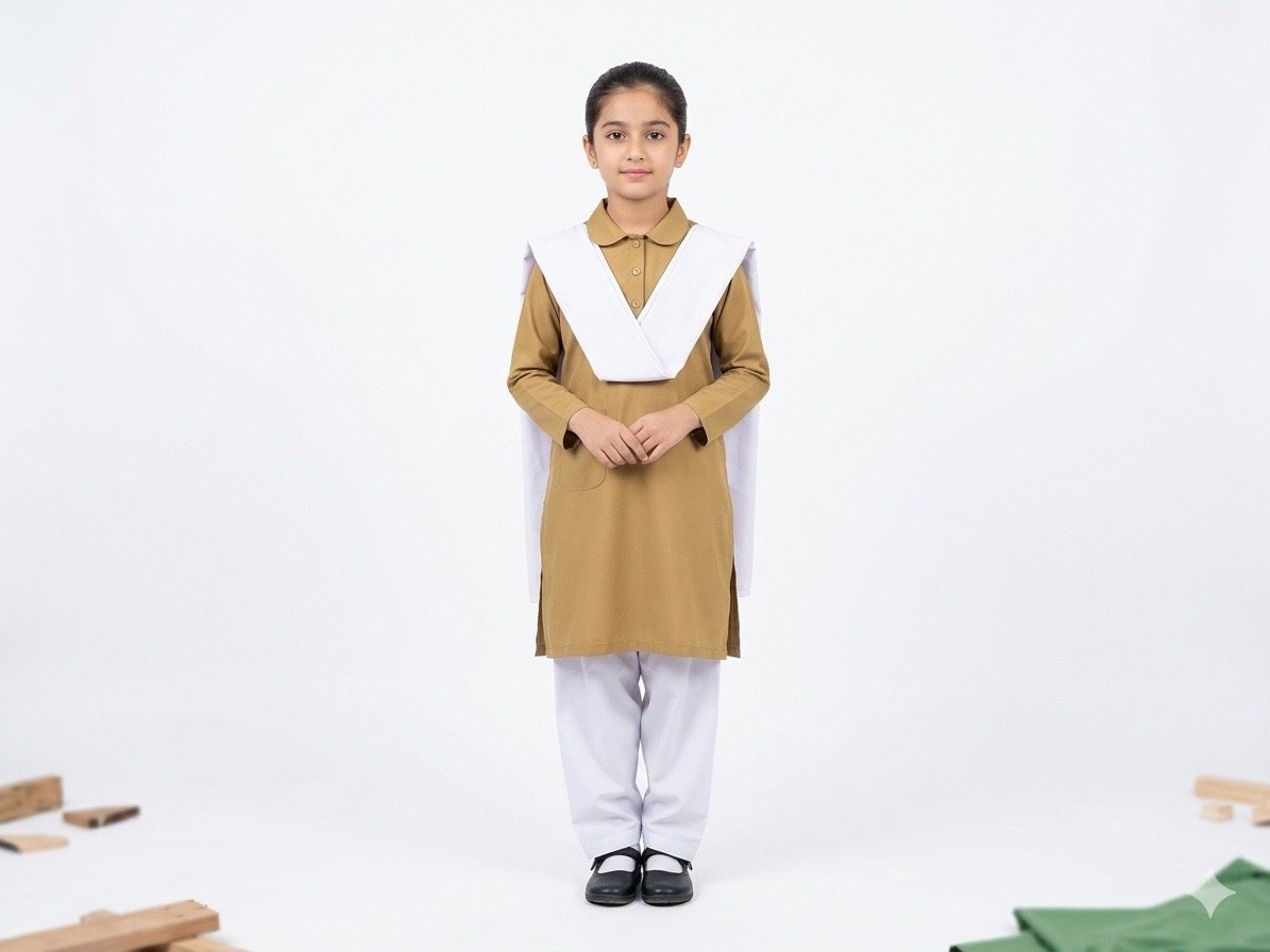 Premium Khaki Uniform Set with White Shalwar & Sash