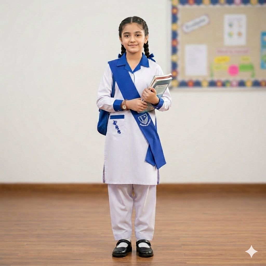 Premium KT Wash & Wear School Uniform – White Shalwar Qameez with Royal Blue Sash