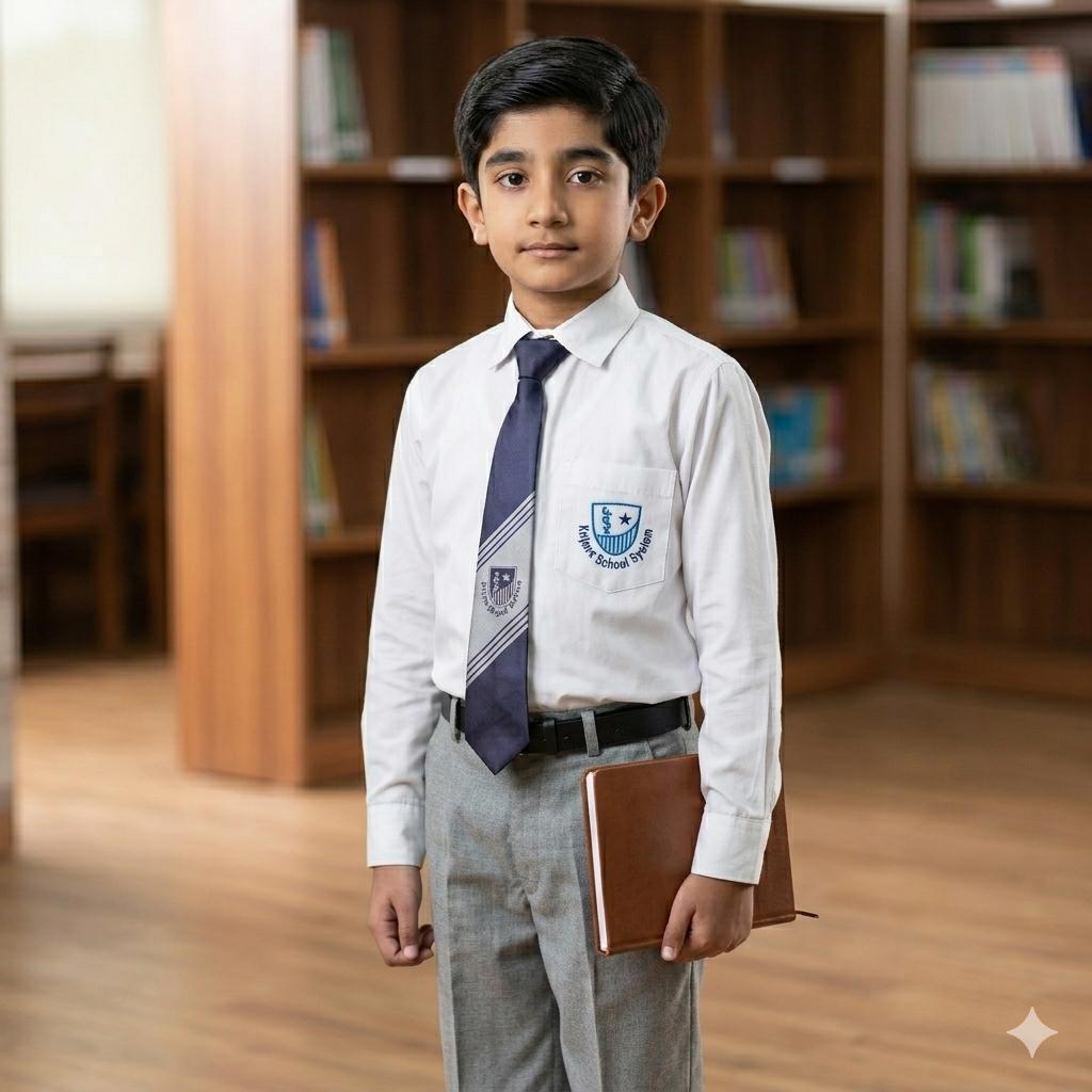Premium Boys School Uniform Set – Crisp White Logo Shirt, Grey Trousers & Striped Logo Tie