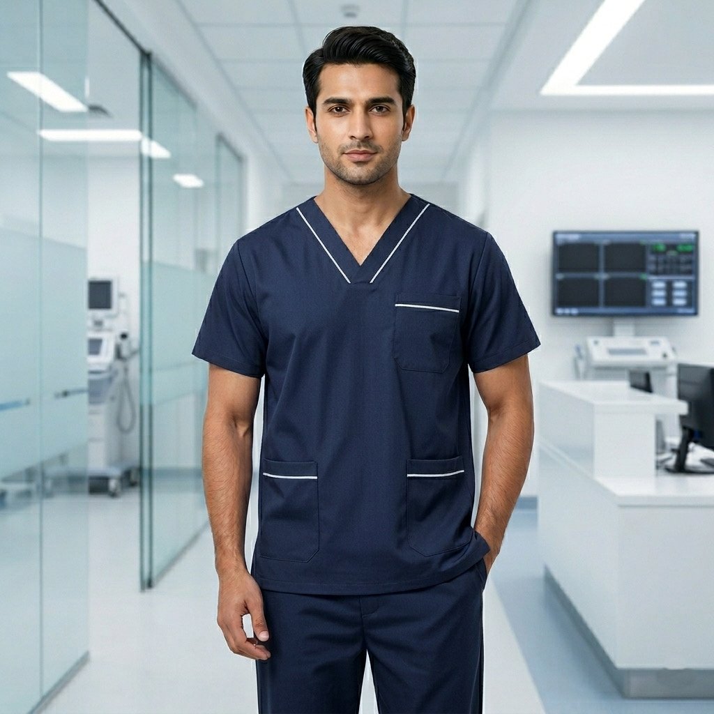 Premium Men's Wash & Wear Medical Scrub Set with Elegant Piping