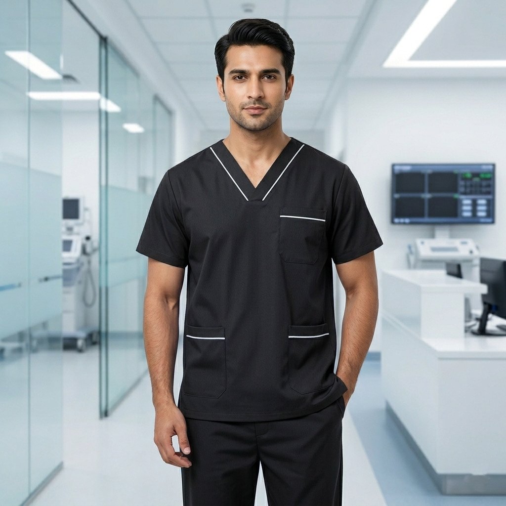 Premium Men's Wash & Wear Medical Scrub Set with Elegant Piping