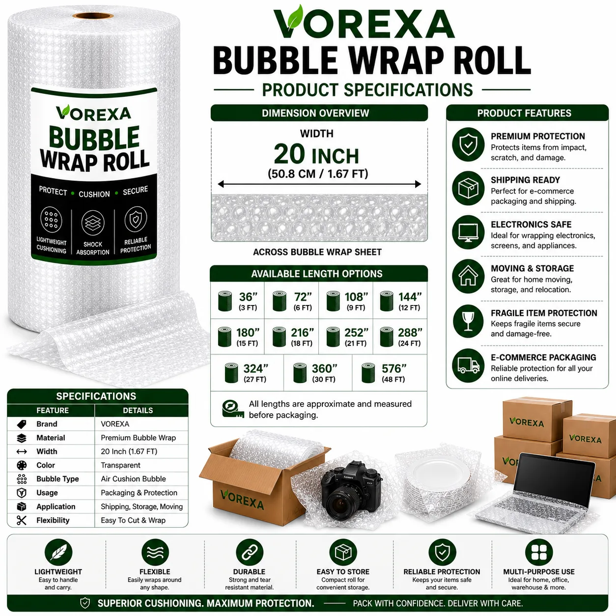 VOREXA 20-Inch Bubble Wrap Roll with Fragile Stickers – 1 to 10 Yards