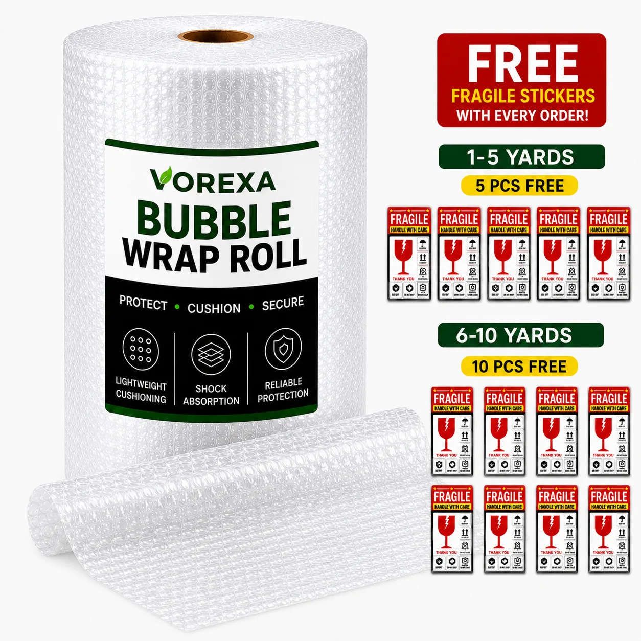 VOREXA 20-Inch Bubble Wrap Roll with Fragile Stickers – 1 to 10 Yards