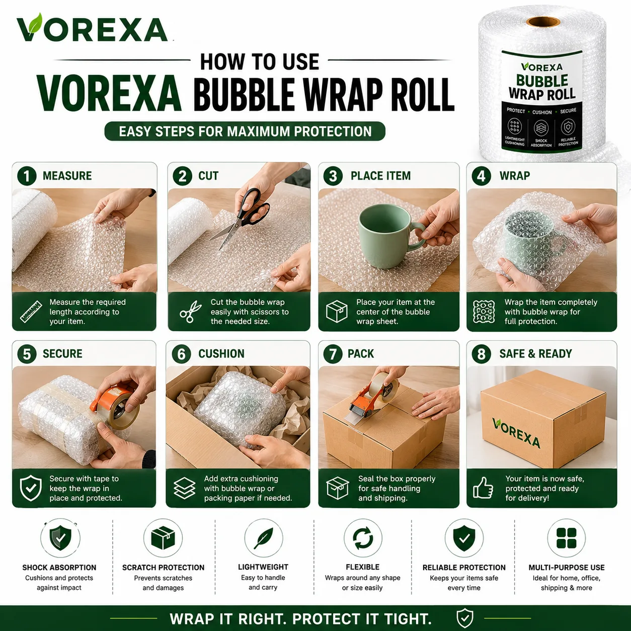 VOREXA 20-Inch Bubble Wrap Roll with Fragile Stickers – 1 to 10 Yards