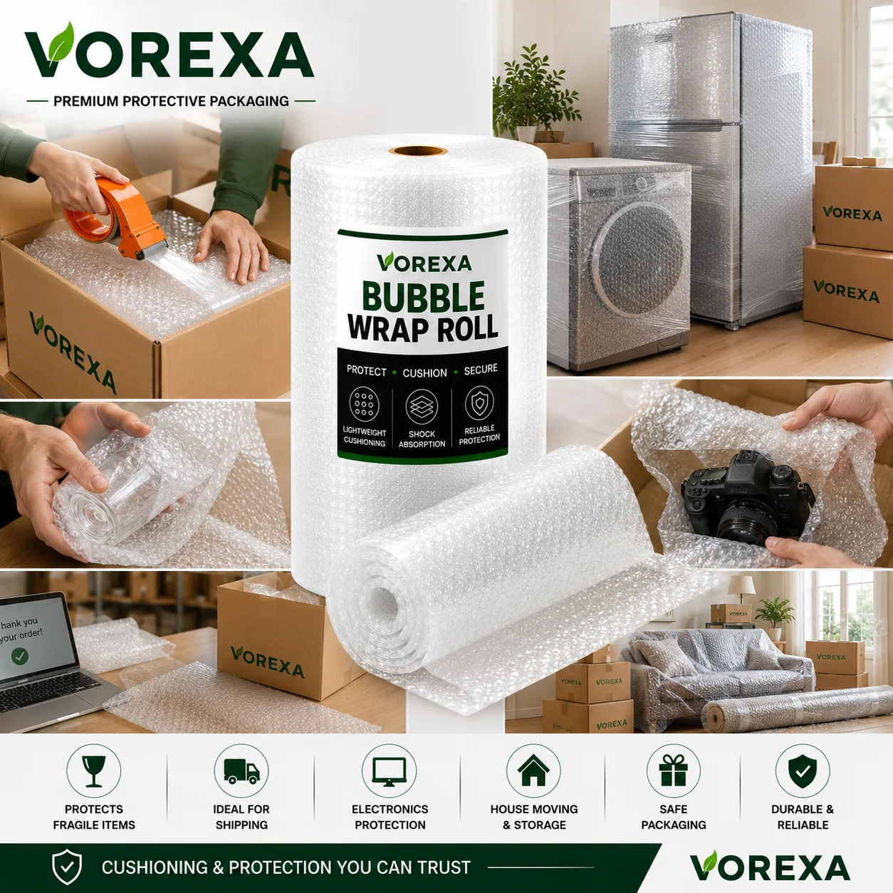 VOREXA 20-Inch Bubble Wrap Roll with Fragile Stickers – 1 to 10 Yards
