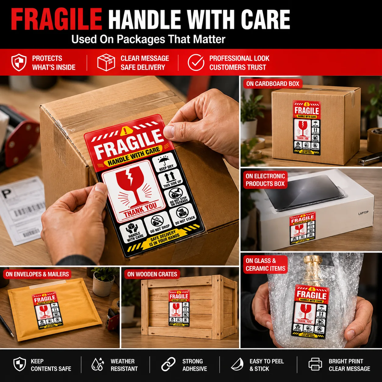 Fragile Handle With Care Stickers – 6.5 × 3.5 Inch