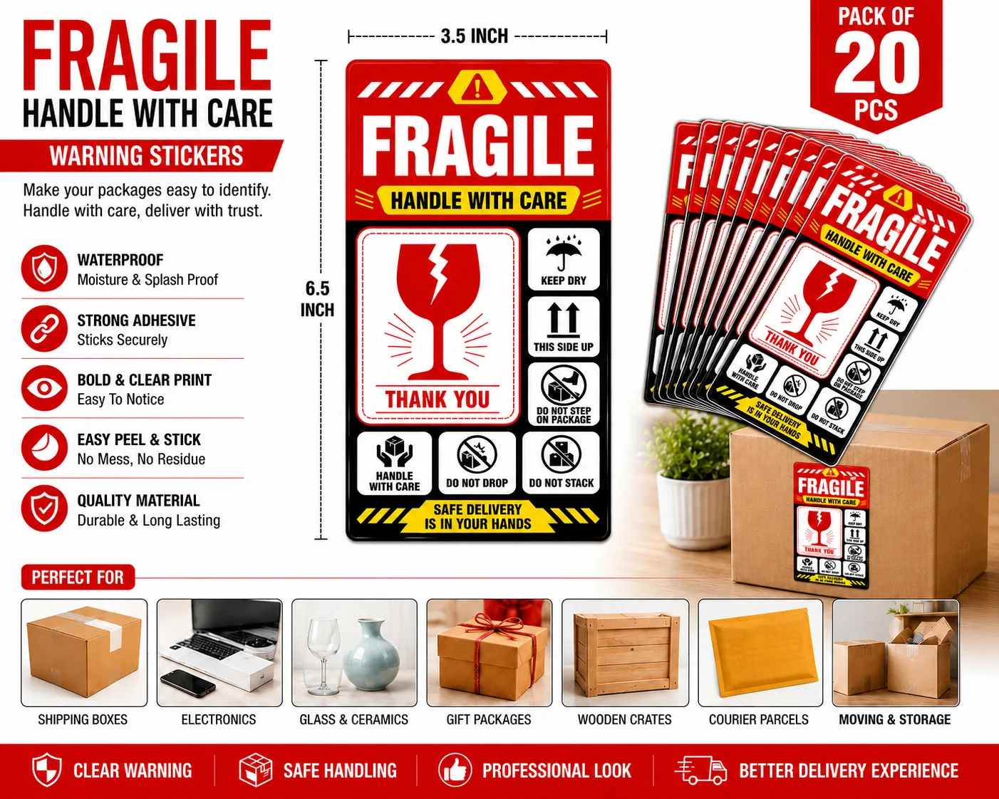 Fragile Handle With Care Stickers – 6.5 × 3.5 Inch