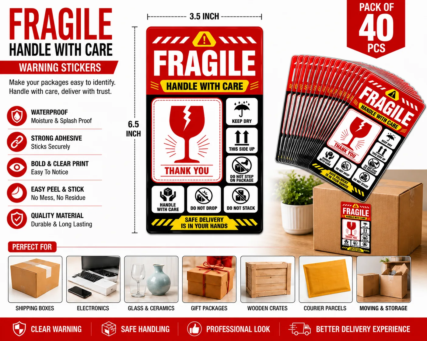 Fragile Handle With Care Stickers – 6.5 × 3.5 Inch