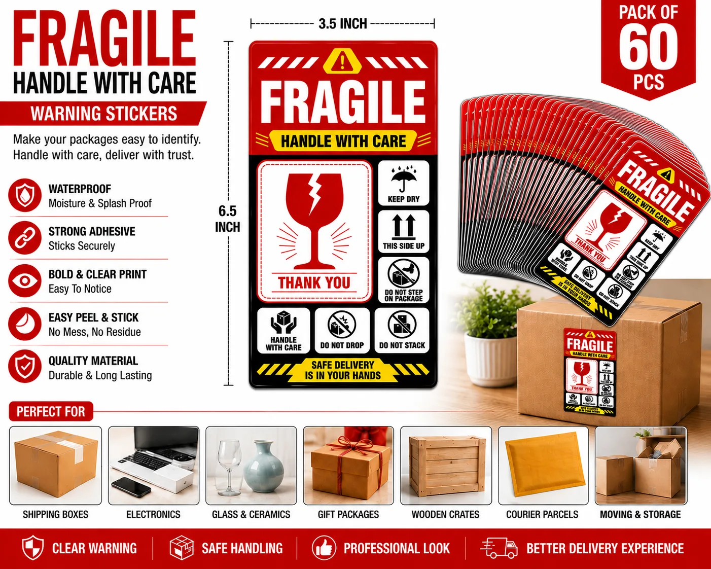 Fragile Handle With Care Stickers – 6.5 × 3.5 Inch