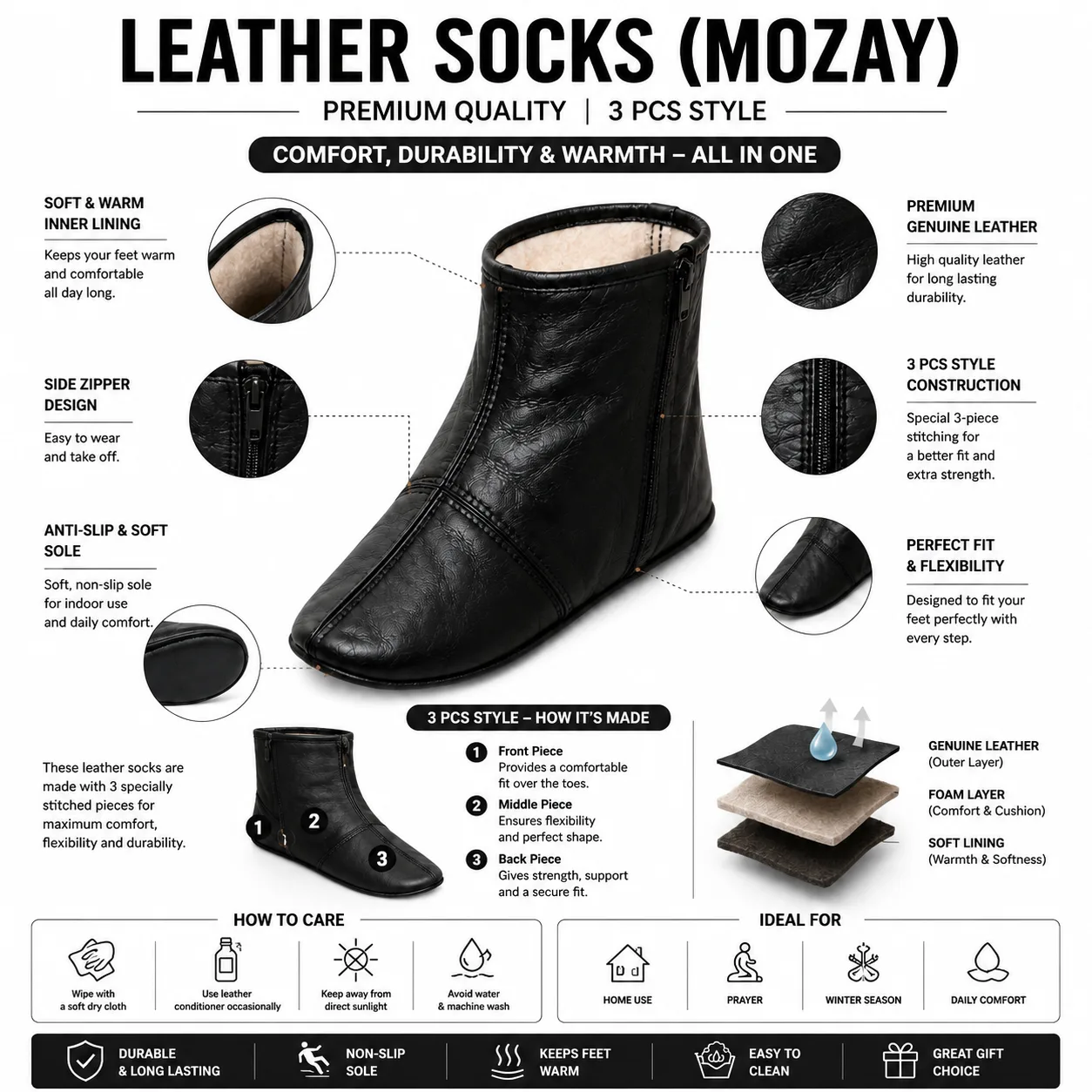 Black Leather Mozay – 3-Piece Style for Men