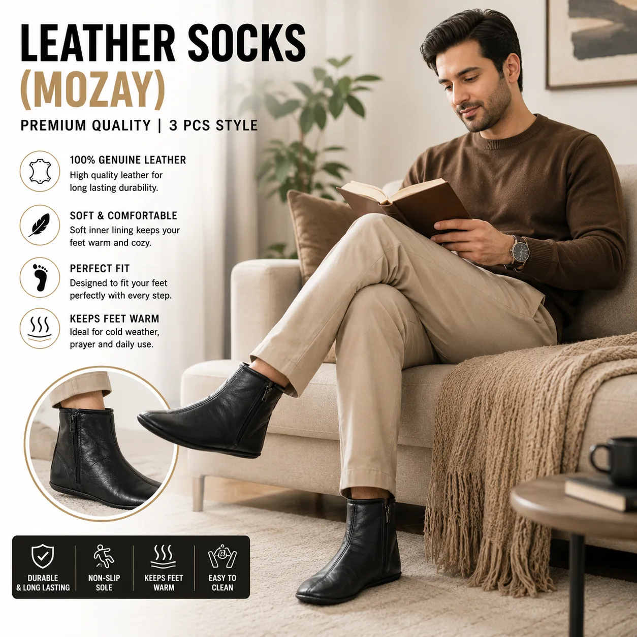 Black Leather Mozay – 3-Piece Style for Men