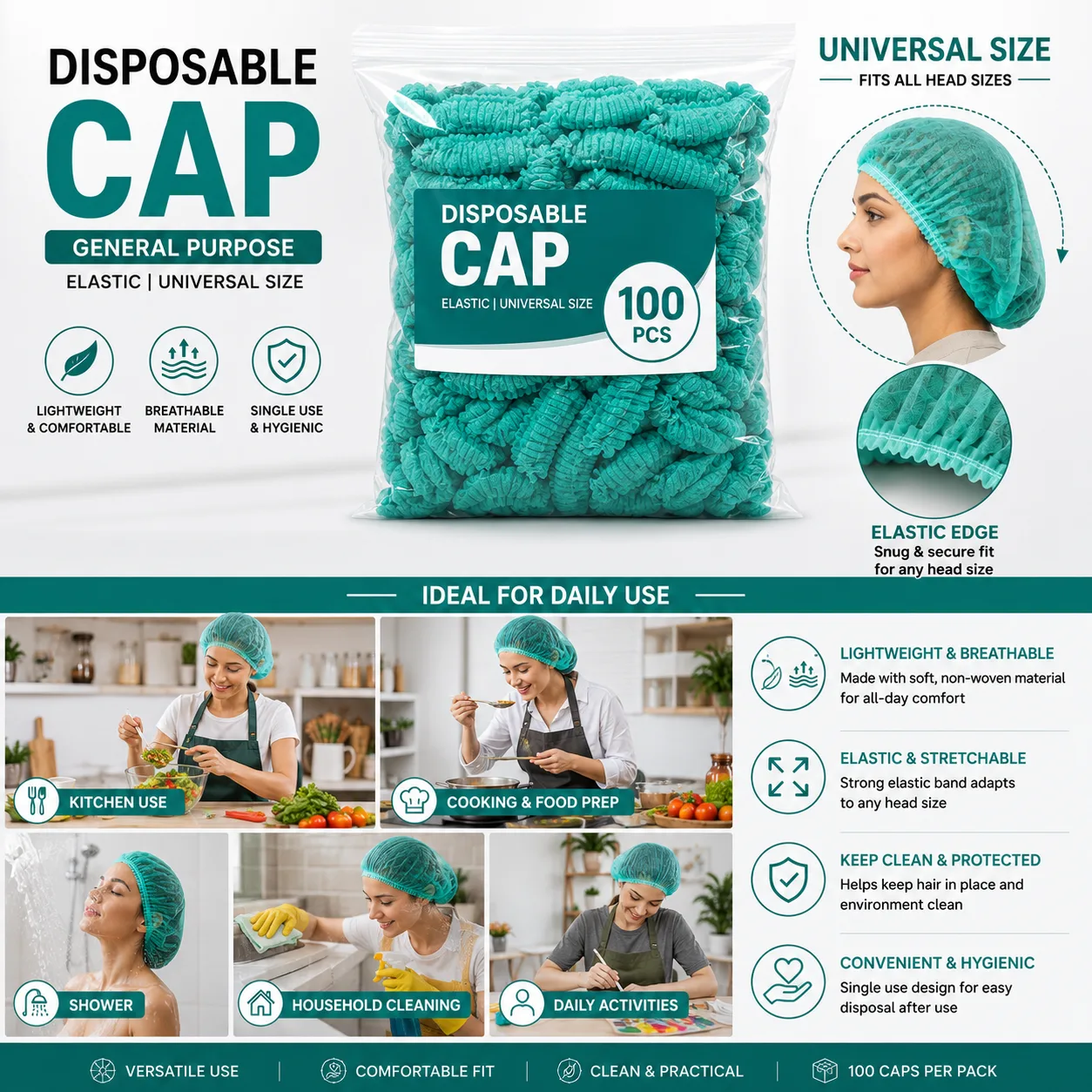 Disposable Elastic Hair Caps – 100 PCS Pack