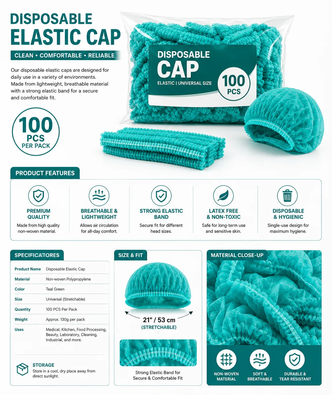 Disposable Elastic Hair Caps – 100 PCS Pack