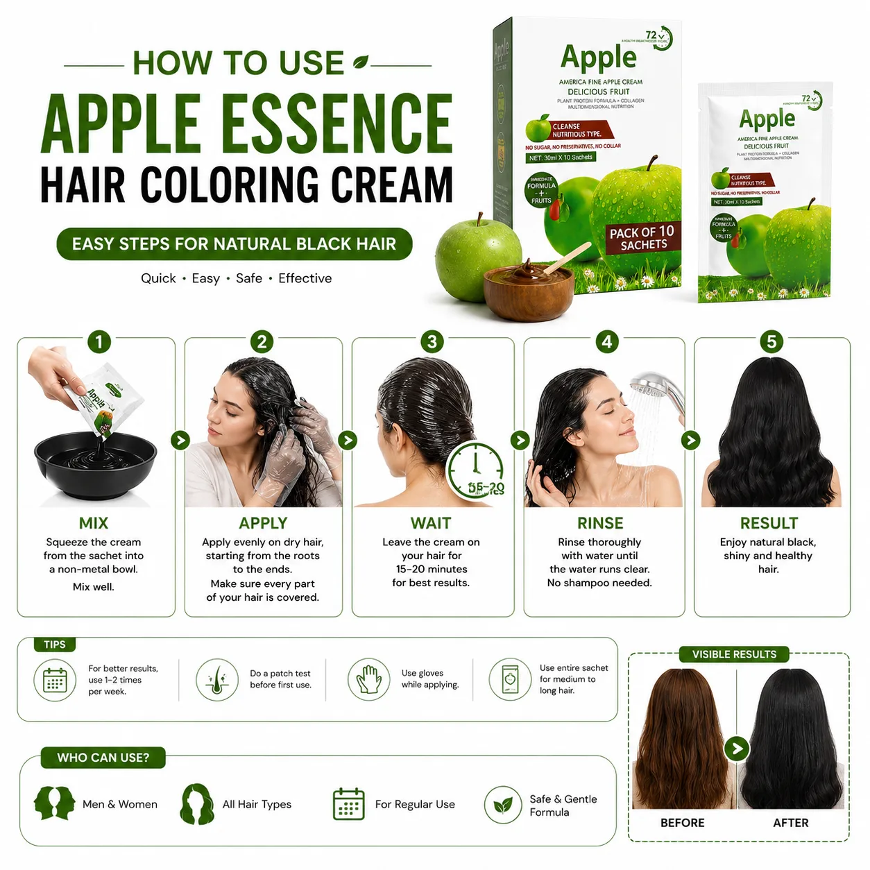 Apple Black Hair Color 72 – Ammonia Free Hair Dye Sachet 30ml for Men & Women