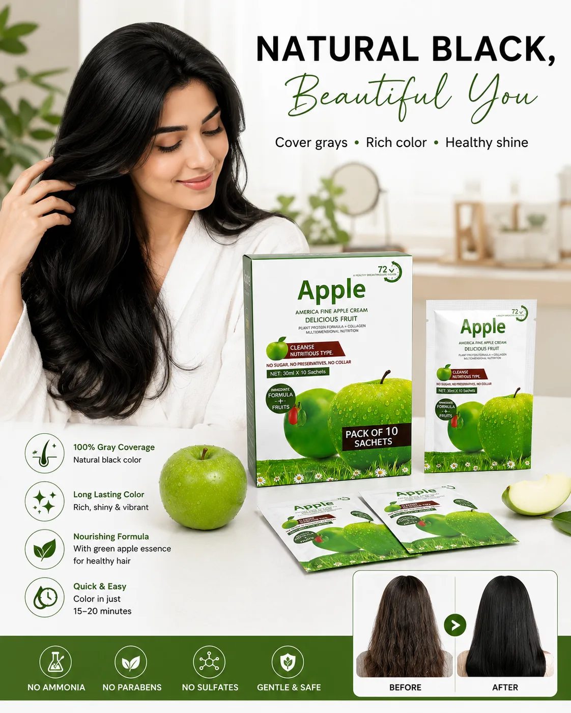 Apple Black Hair Color 72 – Ammonia Free Hair Dye Sachet 30ml for Men & Women