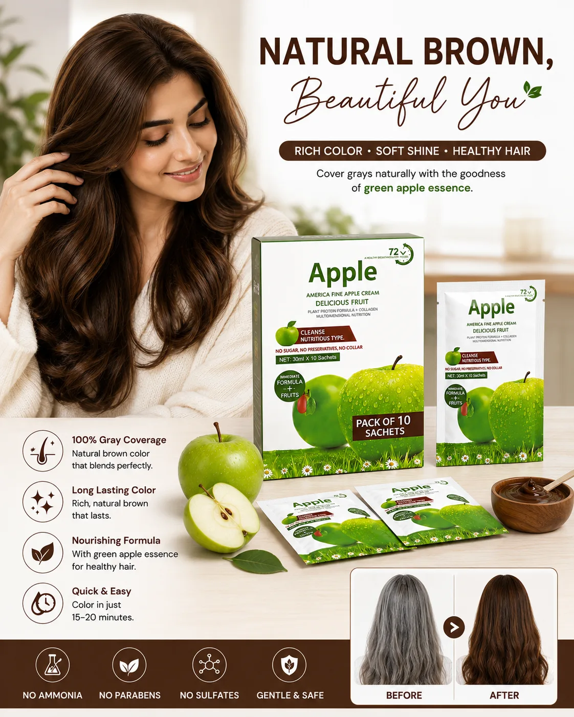 Apple Dark Brown Hair Color 72 – Ammonia Free Hair Dye Sachet 30ml for Men & Women