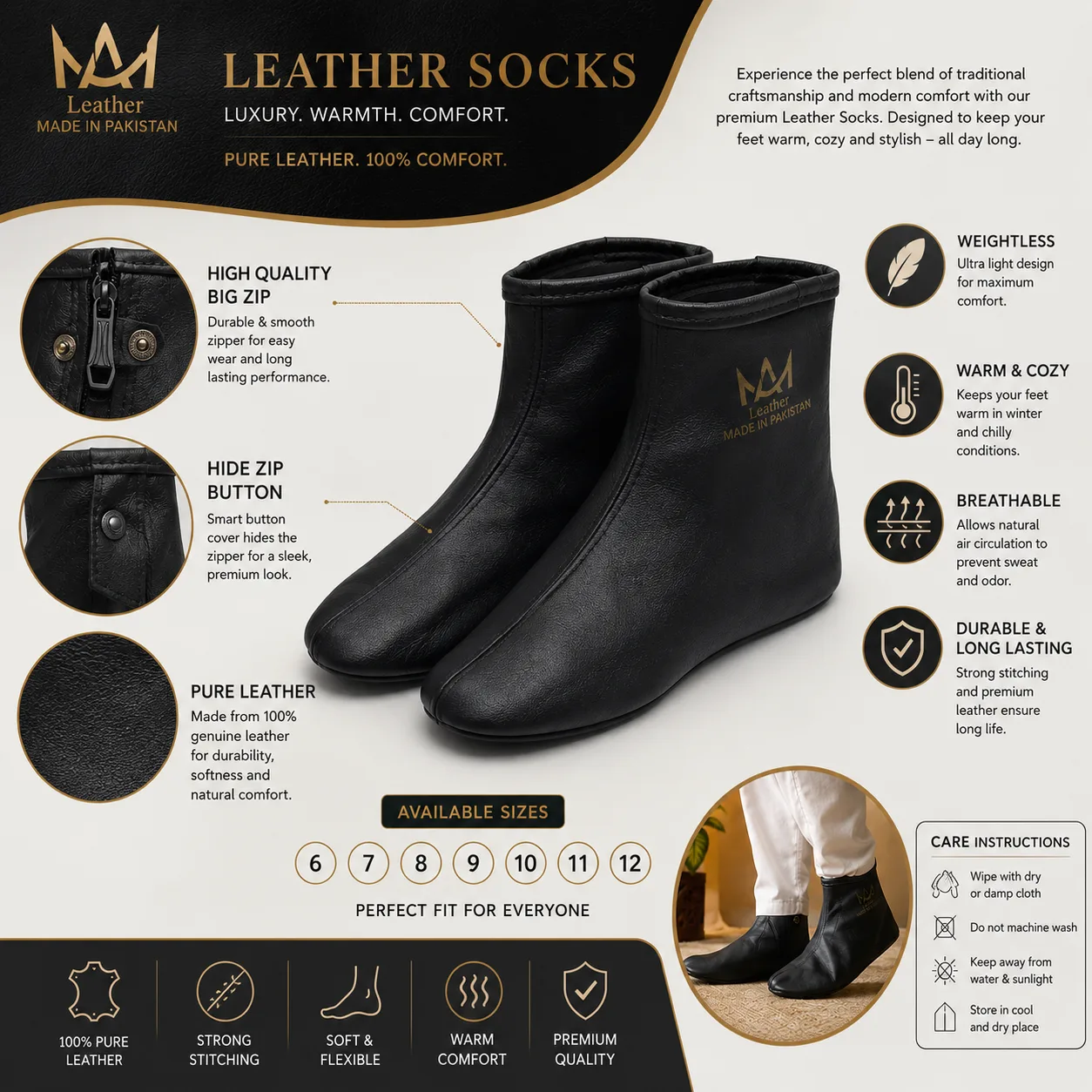 Leather Socks (Mozay/Moza) for Men & Women – Premium Masah Leather Socks with Zip & Button