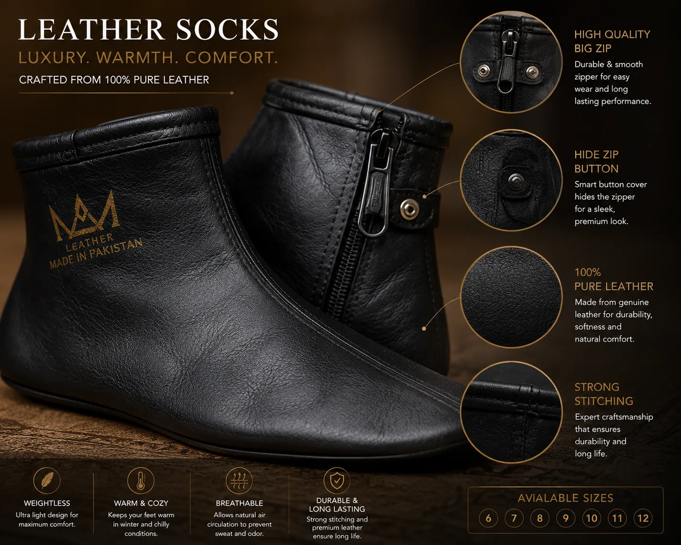 Leather Socks (Mozay/Moza) for Men & Women – Premium Masah Leather Socks with Zip & Button
