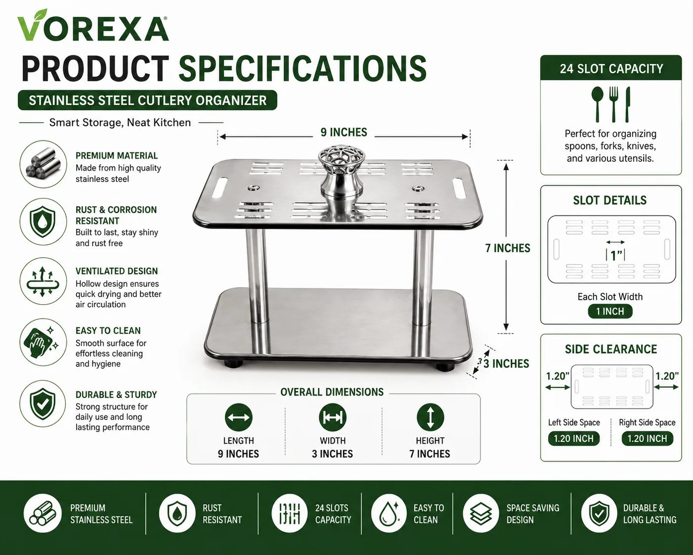 VOREXA Stainless Steel Cutlery Organizer Rack – 28 Slot