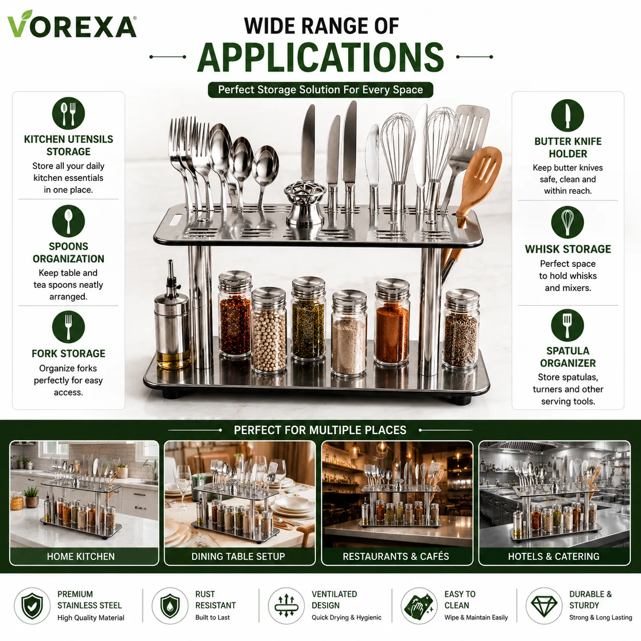 VOREXA Stainless Steel Cutlery Organizer Rack – 28 Slot