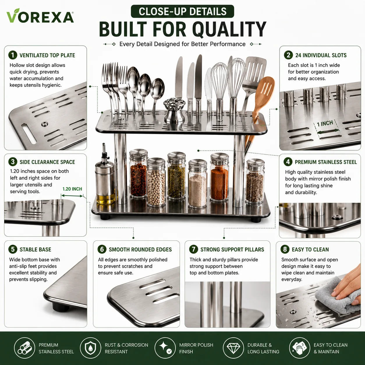VOREXA Stainless Steel Cutlery Organizer Rack – 28 Slot