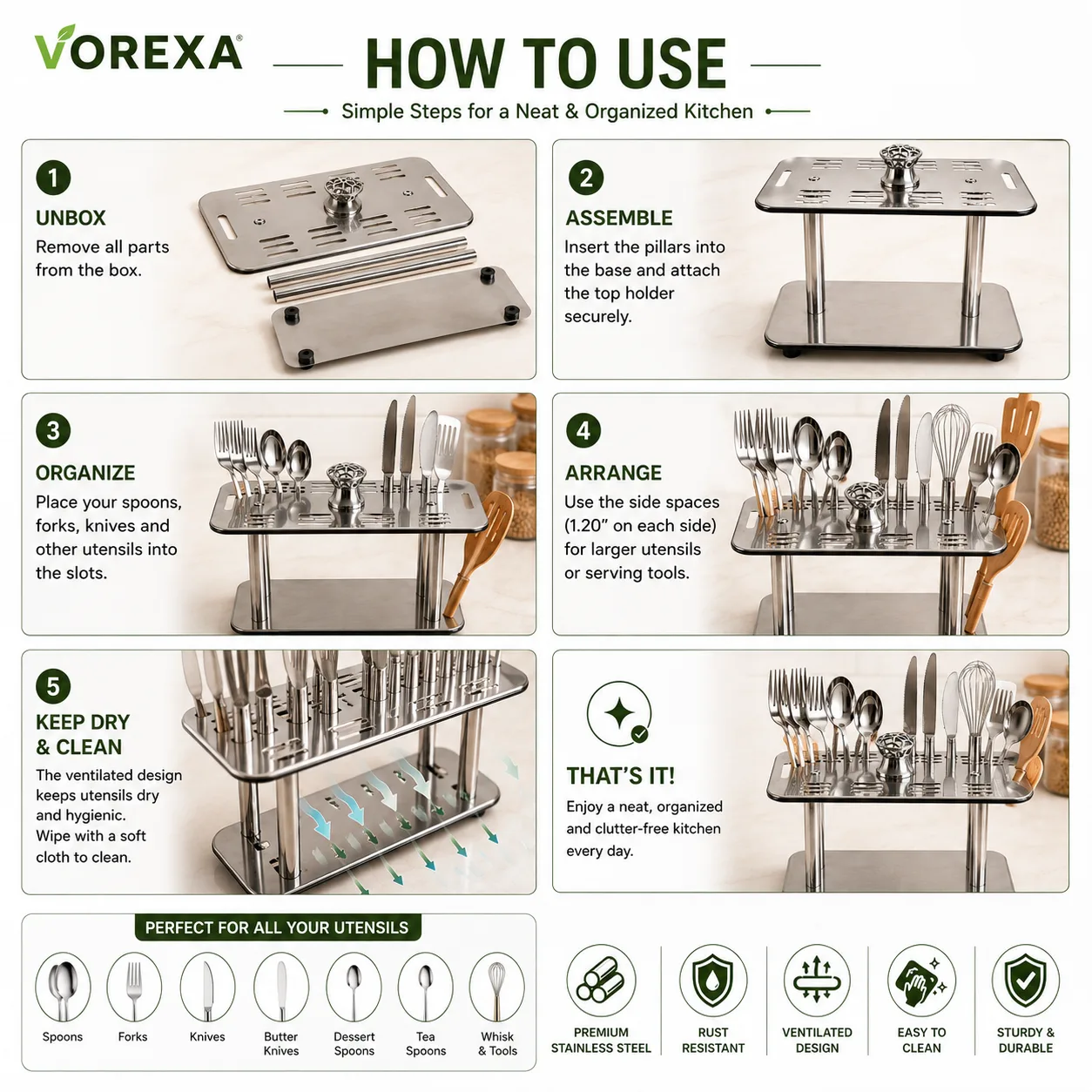 VOREXA Stainless Steel Cutlery Organizer Rack – 28 Slot
