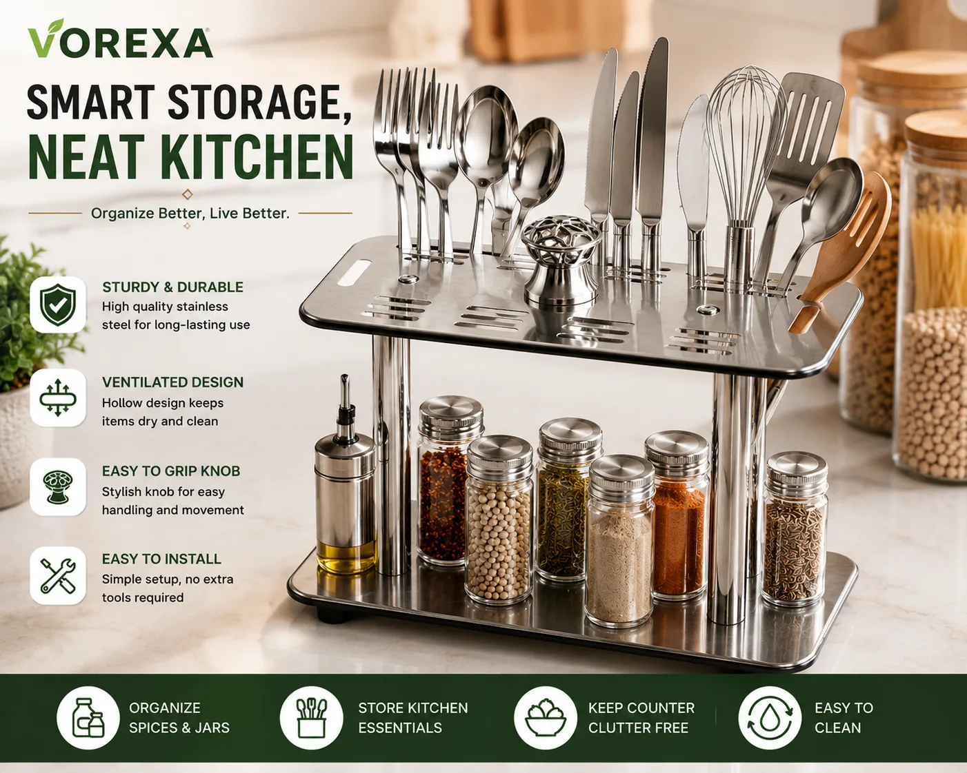 VOREXA Stainless Steel Cutlery Organizer Rack – 28 Slot