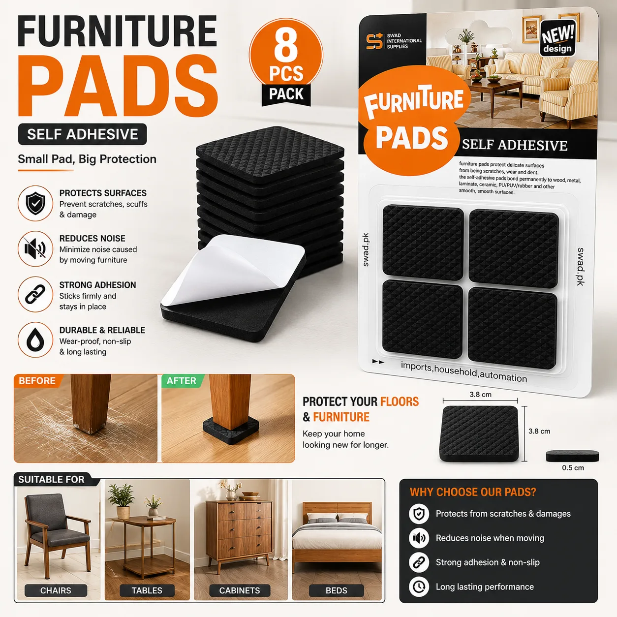 Self-Adhesive Furniture Pads – 8 PCS