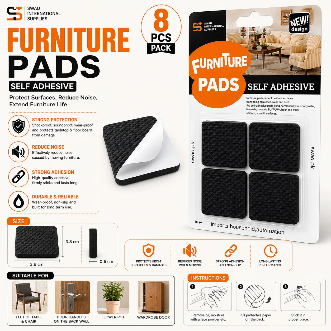 Self-Adhesive Furniture Pads – 8 PCS