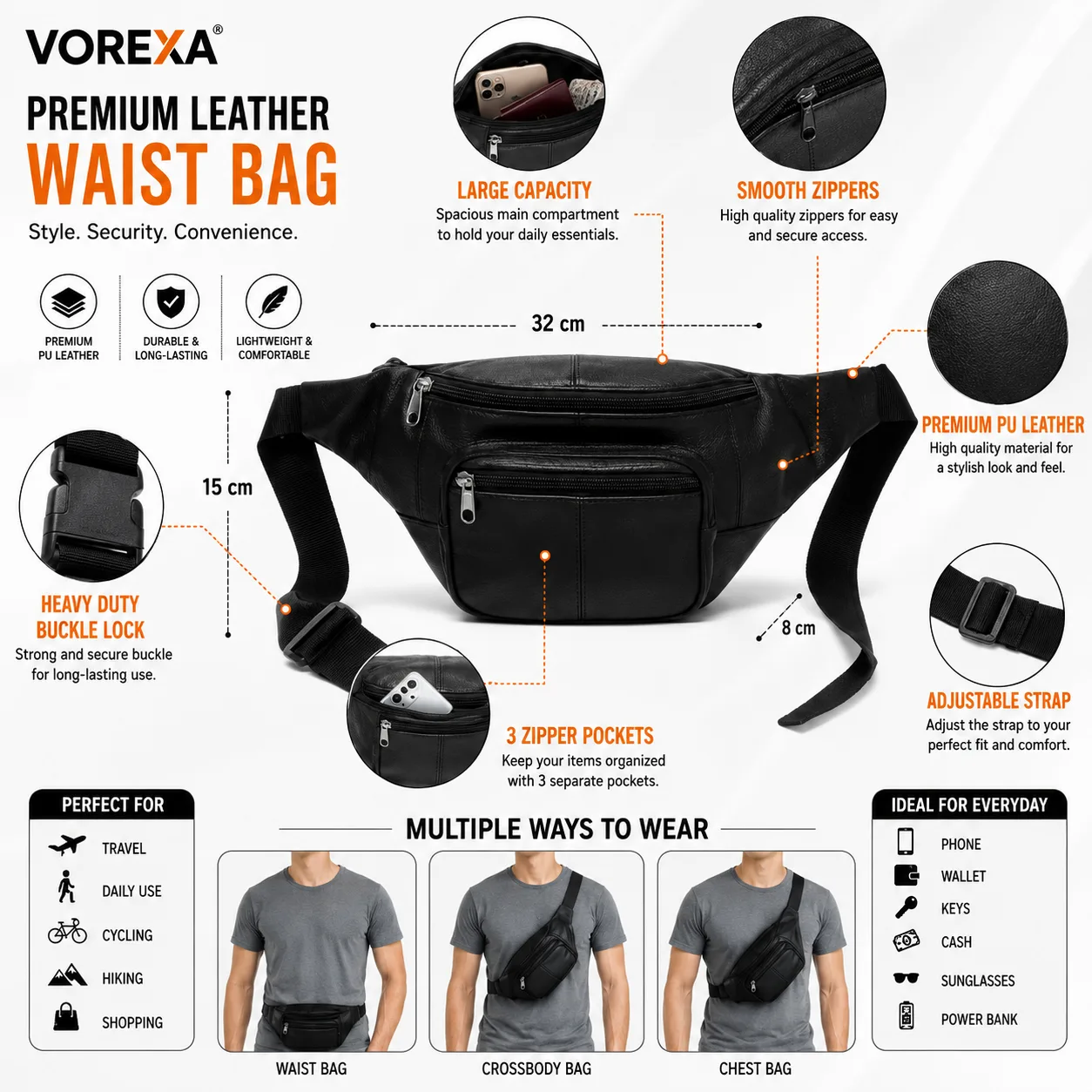 VOREXA Premium Leather Waist Bag