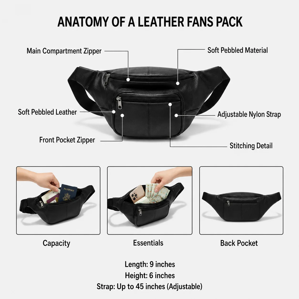 Premium Leather Fanny Pack – 3-Zipper Waist Bag