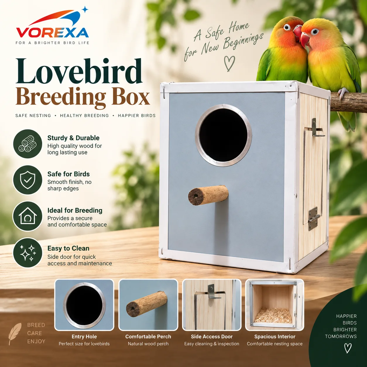 Vorexa Lovebird Breeding Box | Wooden Nesting Box for Lovebirds | Bird Cage & Aviary Breeding Nest Box