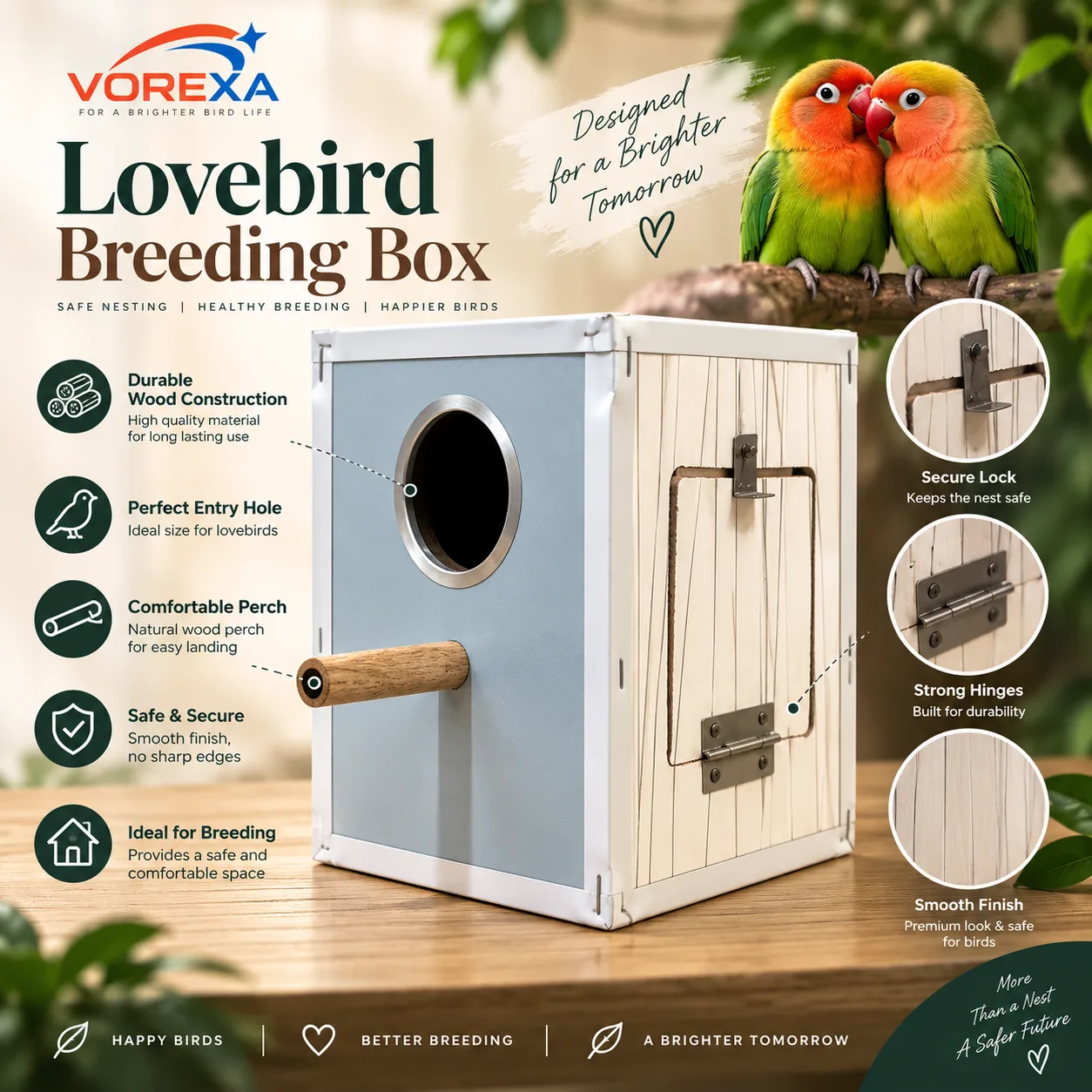 Vorexa Lovebird Breeding Box | Wooden Nesting Box for Lovebirds | Bird Cage & Aviary Breeding Nest Box
