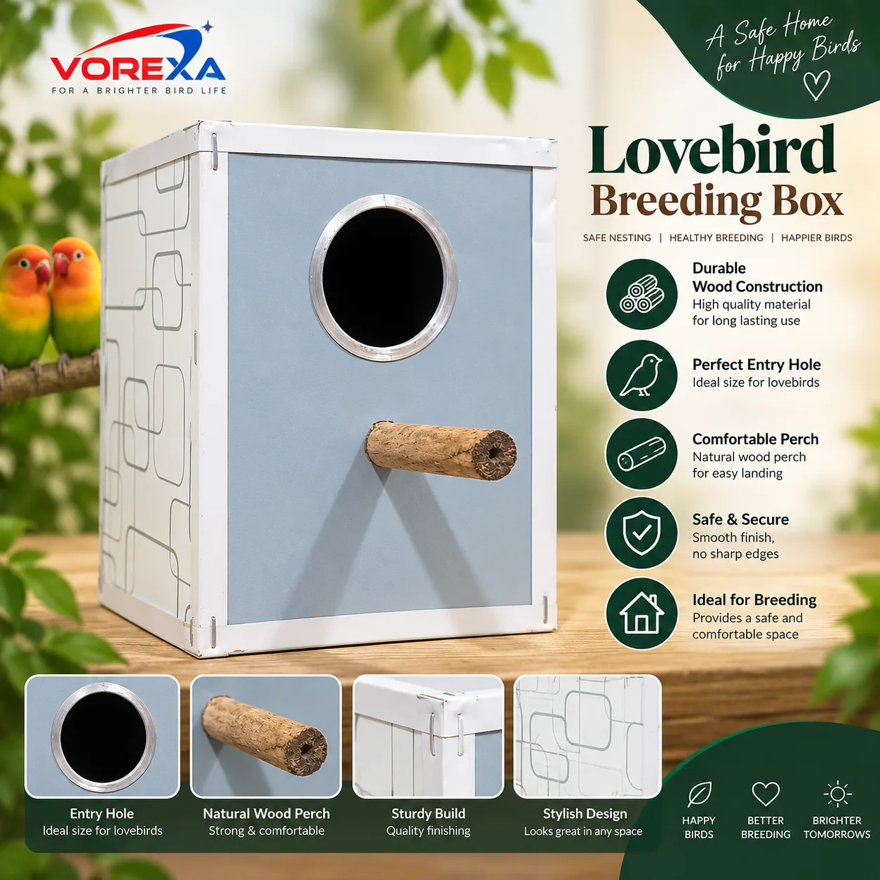 Vorexa Lovebird Breeding Box | Wooden Nesting Box for Lovebirds | Bird Cage & Aviary Breeding Nest Box